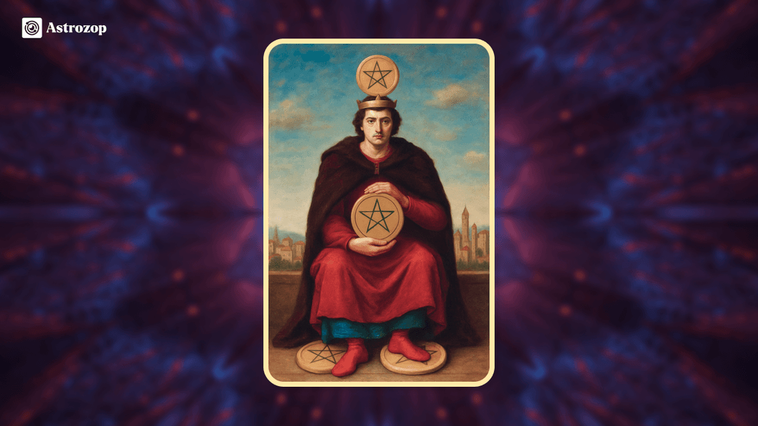 Four of Pentacles tarot card showing a figure clutching coins tightly