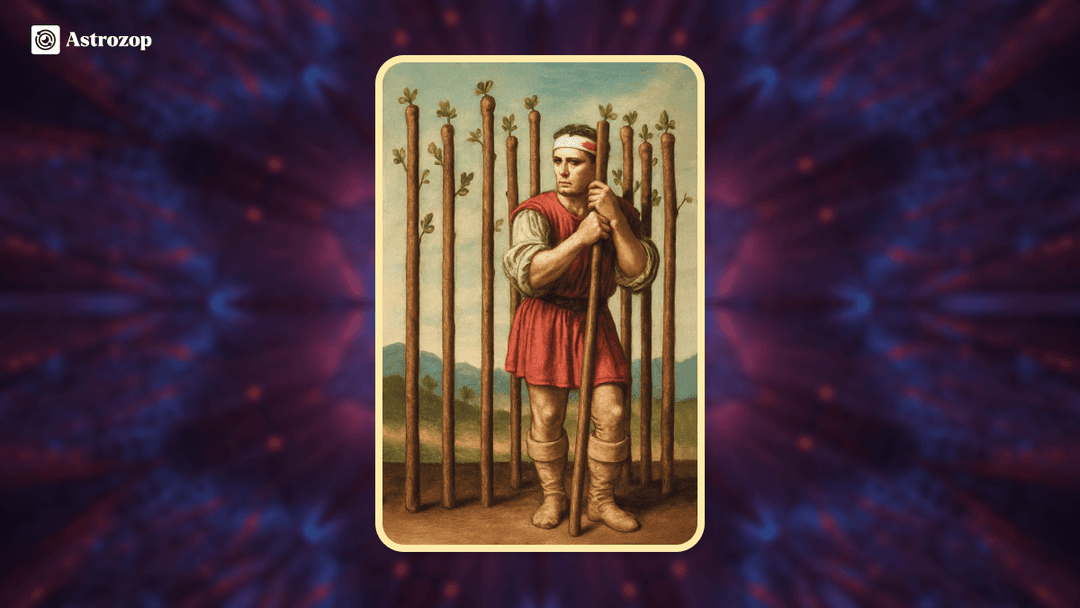 Nine of Wands tarot card showing a weary but determined figure holding a wand
