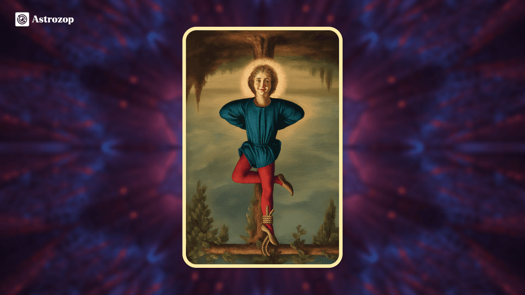Reversed Hanged Man tarot card showing the same figure turned upright, symbolizing delays