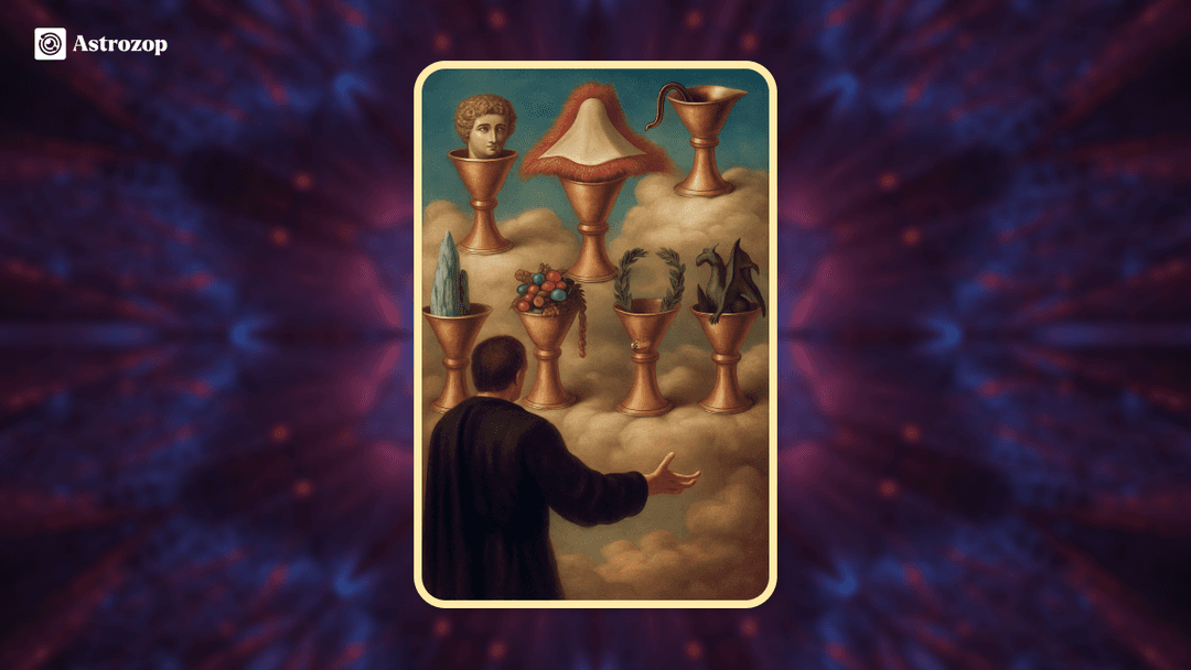 Seven of Cups tarot card showing a figure gazing at seven floating cups