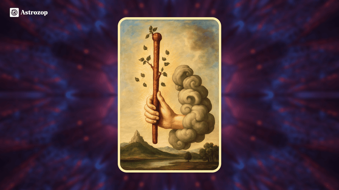 Ace of Wands tarot card showing a hand emerging from a cloud holding a wooden wand