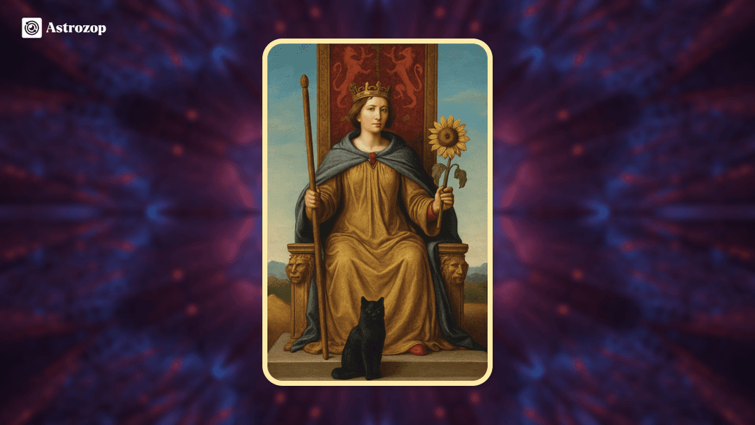 Queen of Wands tarot card image showing a confident queen seated on her throne