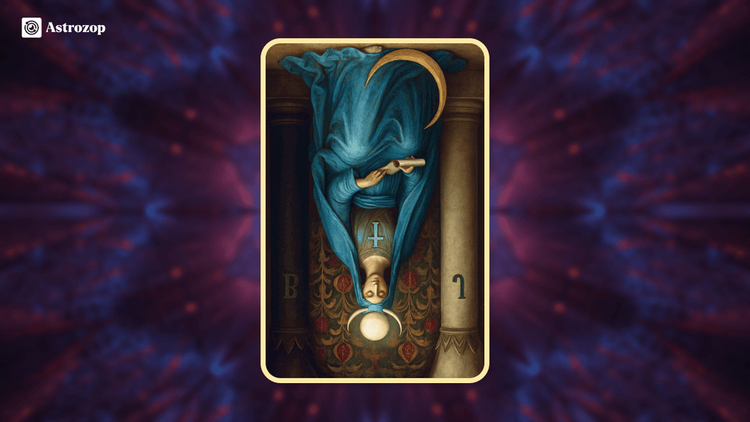 Reversed High Priestess tarot card showing a serene woman upside down